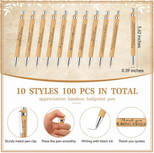 ReliThick 100 Sets Employee Appreciation Gift, Inspirational Bamboo Ballpoint Pen, Thank You Greeting Card