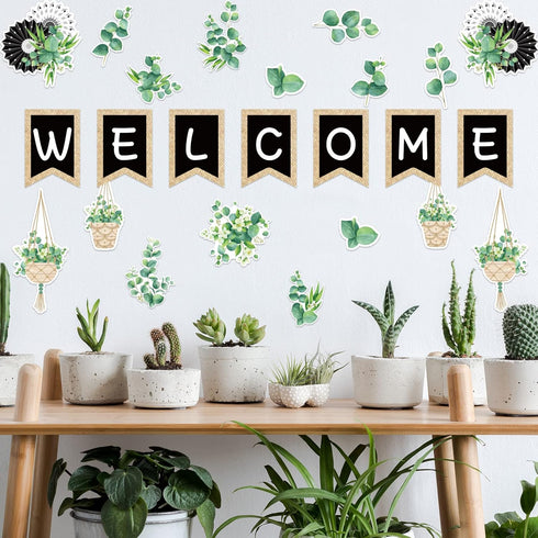 Whaline 29 Pieces Eucalyptus Bulletin Board Set, Welcome Banner and Boho Greenery Calendar Cutout Decorations for