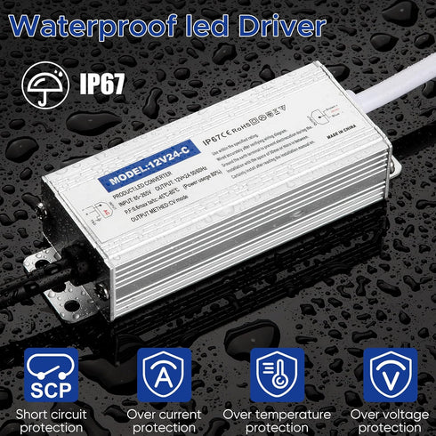 Waterproof IP67 LED Driver Power Supply 12V 24W 2A, 110V AC to 12V DC Converter for Indoor and Outdoor LED Lighting