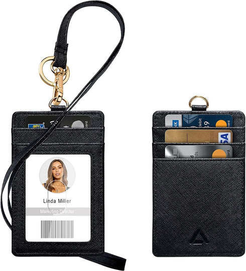 Azrra Lanyards for ID Badges, Vertical PU Leather Badge Holder with 1 ID Holder and 4 Credit Card Slots, Black