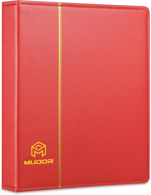 MUDOR Premium PU Classic 4 Ring Binder, Empty Stockbook for Stamps, Documents, Coins, Red