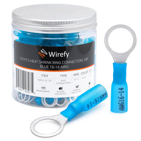 Wirefy 130 PCS Heat Shrink Ring Terminals 3/8" - Blue Eyelet Wire Connectors for 16-14 AWG