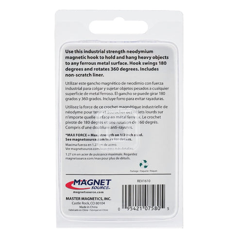 Master Magnetics Black 7580 Magnetic Hook Organizer, Rotating Swing Hook, 65 lb Pull Force