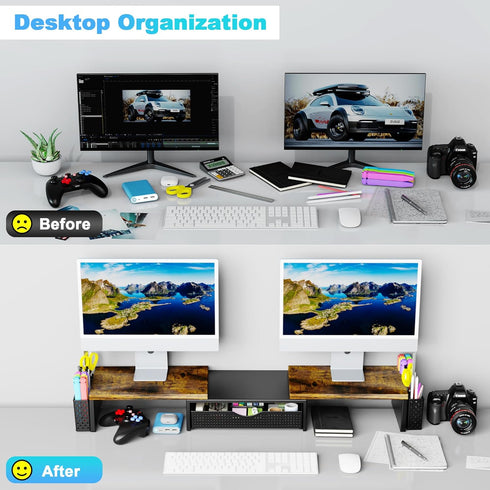 2 Spacrea Metal Desk Organizers and Accessories, Dual Monitor Stand Riser with Drawer and Pen Holders, Desk Accessories