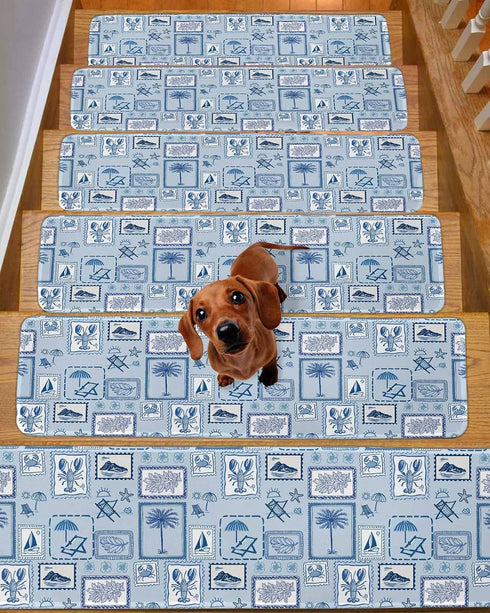 BOHOOSKYLAR Summer 4 8"x30" Coastal Vacation Stair Treads Blue White Coconut Trees Lobster Plaid Indoor Non Slip Peel