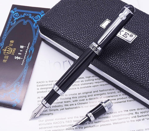Duke Black Fountain Pen Gift Box Set - Double-Nibs Iridium Medium and Fude Calligraphy Nib for Office/Art