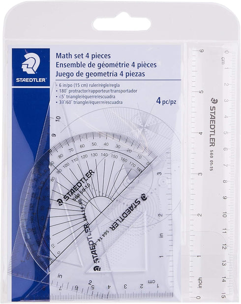 STAEDTLER Math Set - 4 pc Geometry Kit for Students with Clear Protractor, 6in Ruler & 2 Triangles – School Supplies