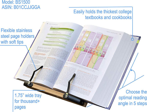 BS1500 Portable Adjustable Foldable Bookstand Holder, 11.8x8.5 for Reading Hands-Free, Large Textbooks & Tablets