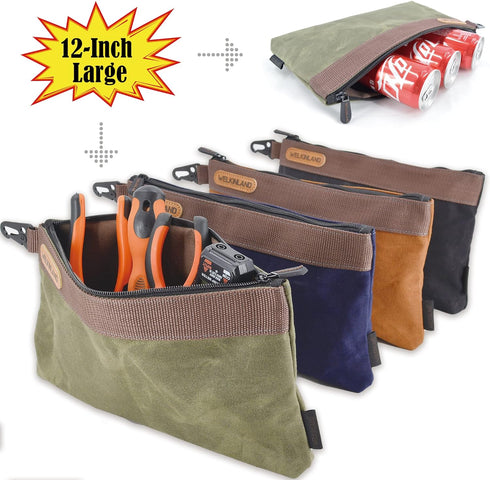 4PCS, 12" WELKINLAND Heavy-Duty Canvas Tool Pouch - Waxed Canvas Zipper Tool Pouch