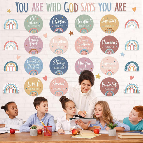 Christian Bulletin Board Decorations - Inspirational Sets with Motivational Cutouts Boho Rainbow Religious Wall Decor