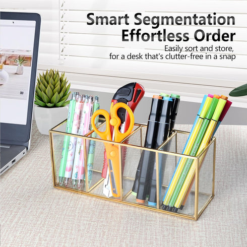 Pencil Holder for Desk, Tempered Glass Pen Holder, 3&4 Compartments Desktop Storage Organizer for Office Supplies