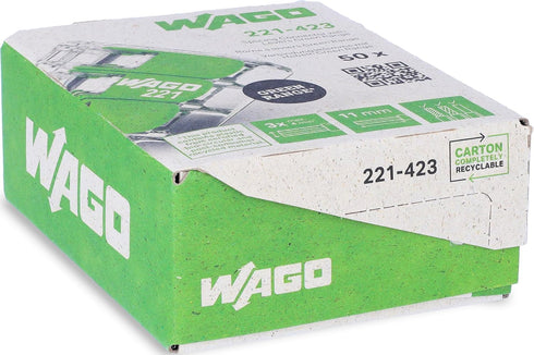 WAGO 221-423 Splicing Connector Green Range, 3-Conductor with Levers for Solid, Stranded Conductors, 24-12 AWG (50