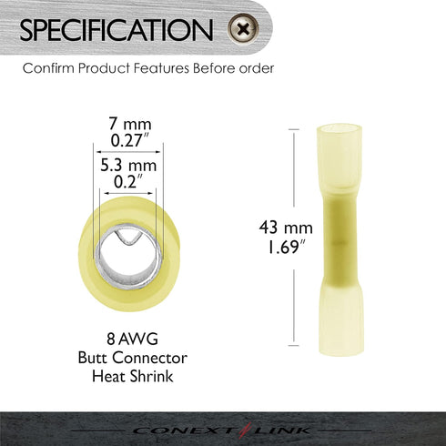 Conext Link BCHS8-25 Heat Shrink Butt Connector 25 Pack (8 Gauge Yellow)