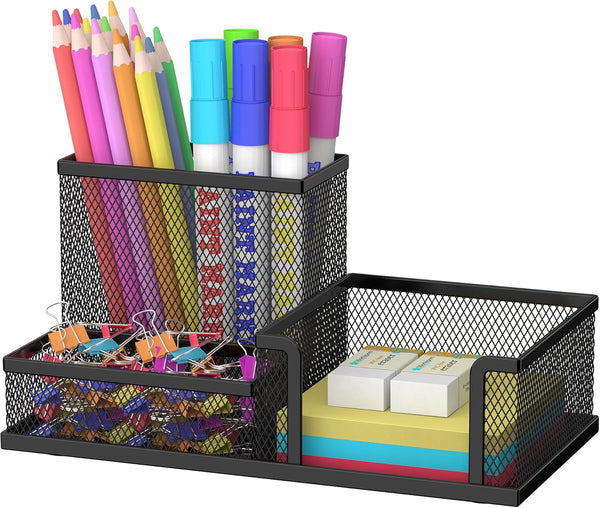SUPEASY Mesh Pen Holder Desk Organizer, Office Supplies Storage with 3 Compartments for Home School