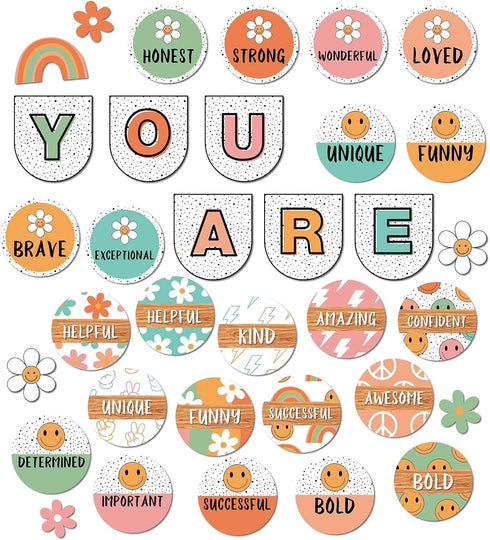 Boho Groovy Affirmation Station Bulletin Board Set Retro Motivational Inspirational Paper Cutouts for School Classroom