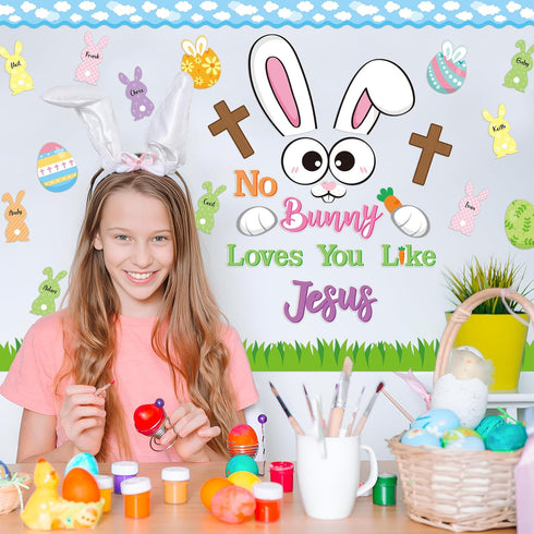 BeYumi 86Pcs Easter Bunny Christian Cross Bulletin Board Set, No Bunny Loves You Like Jesus, Sunday School Decor