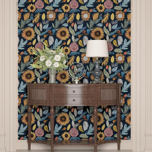17.5" 393.7" Blue Wallpaper Peel and Stick,Vintage Boho Floral Contact Paper, x Retro Paisley Flower Botanical Wall