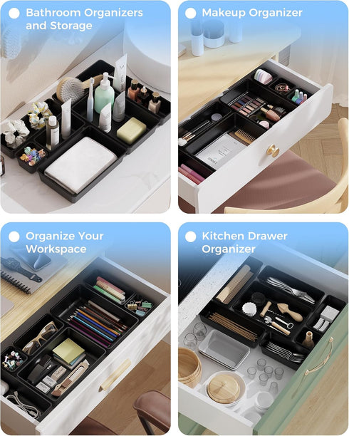 BiuLeon 25 Set, 4-Sizes PCS Plastic Drawer Organizers Vanity and Makeup Organizer, Desk and bathroom Drawer Organizer