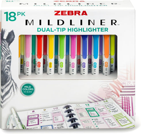 Set, 18 Pack 18 Zebra Pen Mildliner Double-Ended Highlighter Broad and Fine Point Tips, Ideal for Bible Highlighting