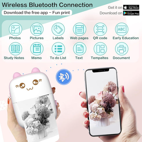 Mini Printer Portable, Inkless Sticker printer with 8 Rolls Paper, Bluetooth Wireless mini thermal printer Compatible with iOS + Android for Journal, Memo, Photo, Print Pod Gifts for Girls Kids (Pink)