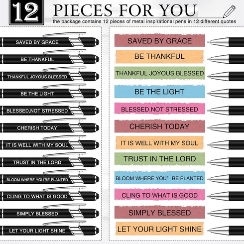 Zonon 12 Pieces Inspirational Motivational Quotes Ballpoint Pens with Stylus Tip, Metal Black Ink Pen Set (Bible Style)