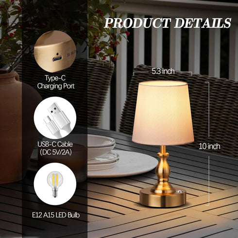 5200mAh 3-Level Dimmable PARTPHONER Mini Cordless LED Table Lamp, Rechargeable Battery Operated Lamp, Brightness, Touch