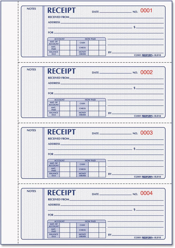 Rediform 8L818 Money Receipt Book 2 3/4 x 7 Carbonless Triplicate 200 Sets/Book