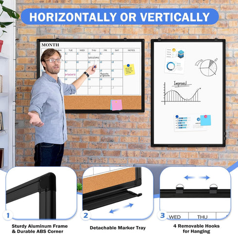 Monthly Calendar Whiteboard Dry Erase Cork Board Combo, 24" x 18" Magnetic Double-Sided Board