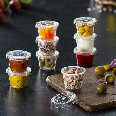 Pantry Value 100 Count Clear Disposable Plastic Portion Cups with Lids, Small Containers for Sauce