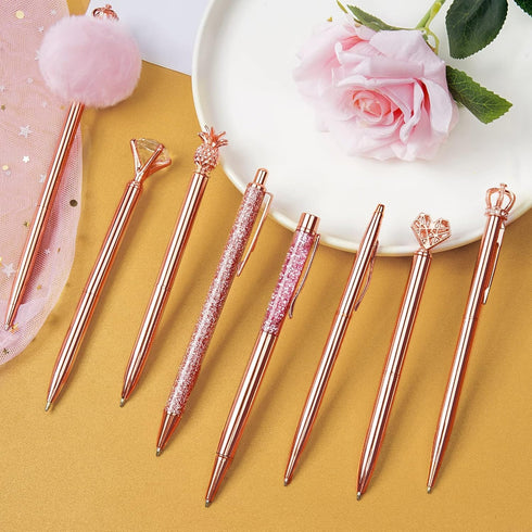 WEMATE 8Pcs Ballpoint Pens Set Metal Crystal Diamond Pen Glitter Pen for Journaling Pen Bling in Black & Blue Ink Pretty Cute Pens Fancy Pens Gifts for Women Wedding School Office Desk (Rose Gold)