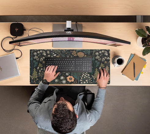 Dark Flower Desk Mat, Aesthetic Wildflowers Large Gaming Mousepad, XXL Keyboard Mouse Mat for Women Office Desk
