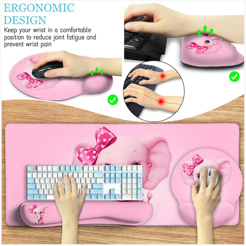 Elephant Mouse Pad Desk Mat Set, Kawaii Gaming Ergonomic Mouse Pad with Wrist Support for Office Supplies