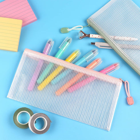 Tamaki 6 Pack Mesh Pencil Pouch, Waterproof Bags Plastic Zipper Pouch A6 Size for Classroom Organization (Macaroon)