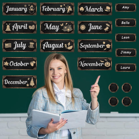 Gueevin 60 Pcs Industrial Chic Months of the Year Bulletin Board Set, Holiday Monthly Headliners