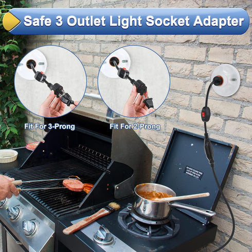 3 Outlet Light Socket Adapter - Convert E26/E27 Bulb Socket to 3 Prong Outlet with On/Off Switch for Indoor Outdoor Use