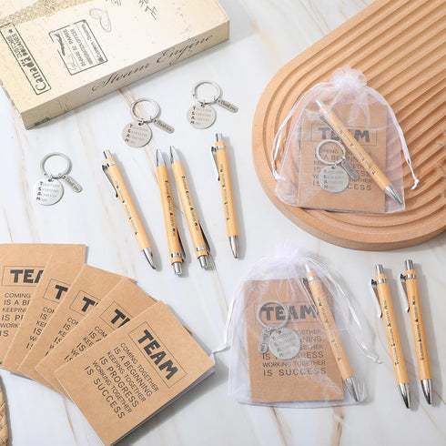Geyoga 100 Pcs Team Gift Keychains, Employee Appreciation Notepad Gifts, Motivational Notebook, Bamboo Ballpoint Pen