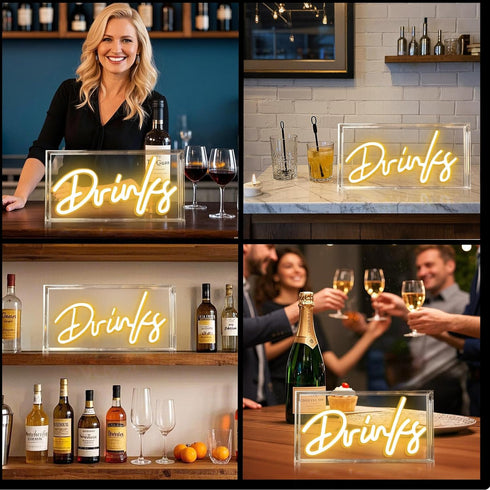 Drinks Neon Sign, Drinks Signs USB LED Desk Lightbox with ON/OFF Switch, Light Up Sign for Table Decor, Home Bar