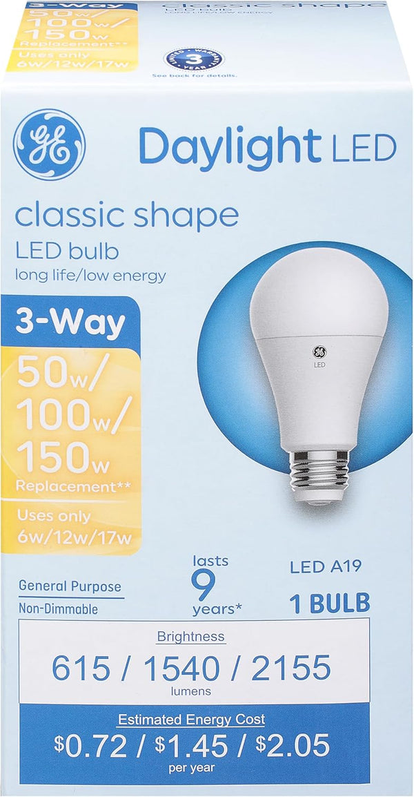 93130568 LED 3-Way Light Bulb, A19 Medium Base, Daylight, 6/12/17 Watt - Quantity 1 by GE