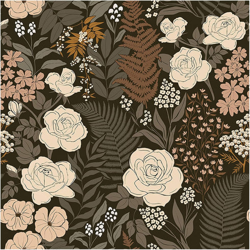 HAOKHOME 93276 Peel and Stick Wallpaper: Floral Vintage Removable Rose Leaf Black/Brown/Beige Stick on Mural 17.7in x