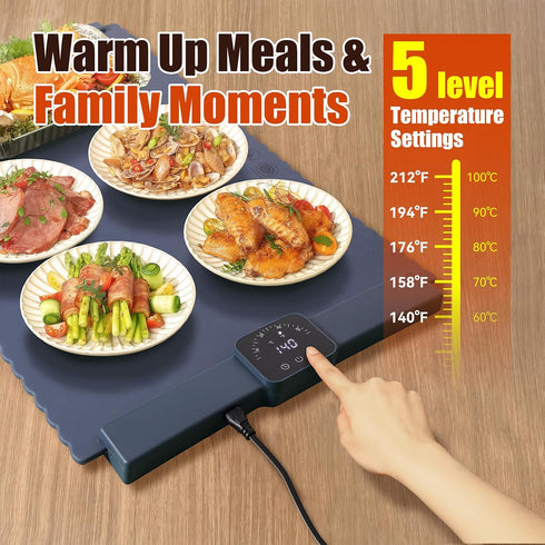 5 Settings Warming Mat for Food Temperature Silicone Food Warming Mat Roll up Food Warmer with Full Surface Heating