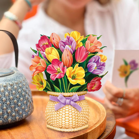6 Inch 3D Freshcut Paper Pop Up Cards, Mini Festive Tulips, Mini Sized Forever Flower Bouquet Popup Greeting Cards