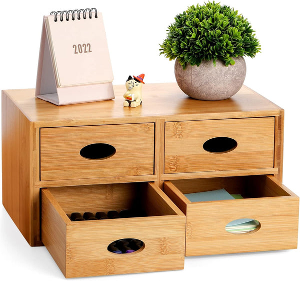ZOOFOX Bamboo Desk Organizer, 100% Natural Bamboo Storage Box with 4 Drawers for Makeup Vanity and Office Supplies