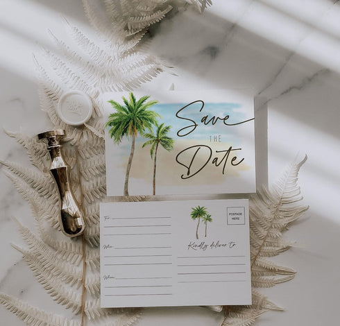 50 Pack Your Main Event Prints Beach Palm Tree Wedding Save The Date Cards - Standard Postcard Size - Add Postage