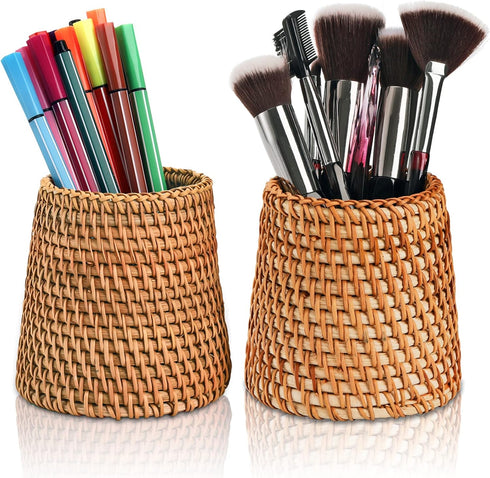 Elsjoy Set of 2 Wicker Pencil Holder, Natural Rattan Pen Cup Woven