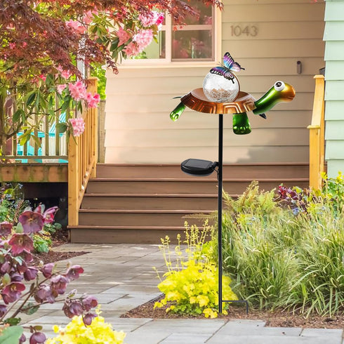 Afirst Solar Lights Outdoor Decorative Metal Turtle Crackle Glass Globe with Butterfly Warm White LED Metal Waterproof