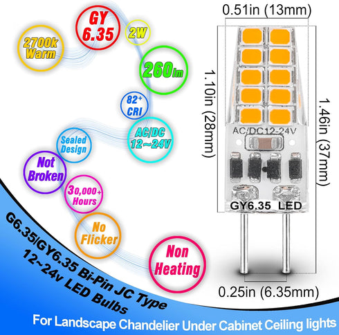 GY6.35 LED Bulb, 2W Equivalent 20W Halogen, 2700K Warm White, Non-Dimmable, 10 Pack for Landscape Chandelier