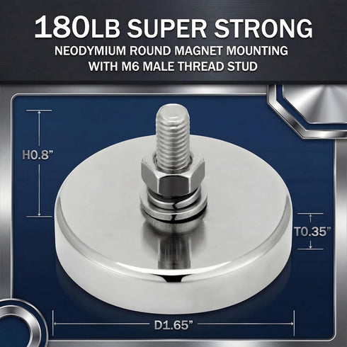 4 1.65in-180lb-M6 Flutesan Pieces Heavy Duty Neodymium Round Mounting Magnet with Bolt Silver with Male Thread Stud