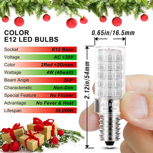 ALIDE E12 Bulb4W, 40Watt E12 C7 T6 Bulbs Bulbs,4Pack Red Green LED Candle Light Equivalent, Small Base Red Green LED