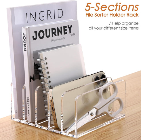 SANRUI Acrylic Desk Organizer - 5 Compartments Mail Organizer, Clear Office Organization, Multifunction Sorter