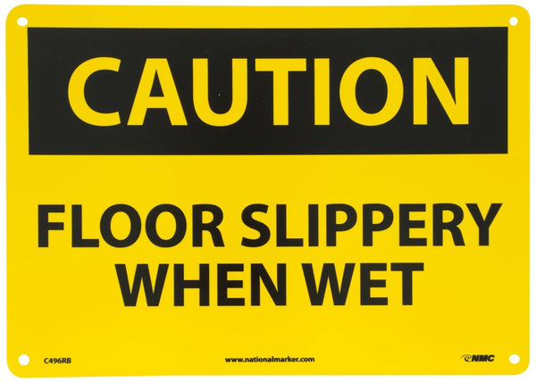 NMC C496RB OSHA Sign, "CAUTION - FLOOR SLIPPERY WHEN WET", 14" x 10", Rigid Plastic, Black on Yellow